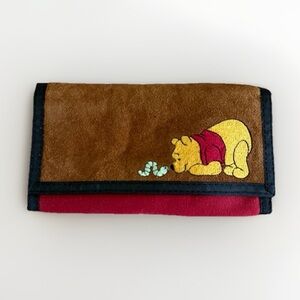 Disney Winnie the Pooh Tri-Fold Wallet Red Suede Canvas Embroidered Vintage